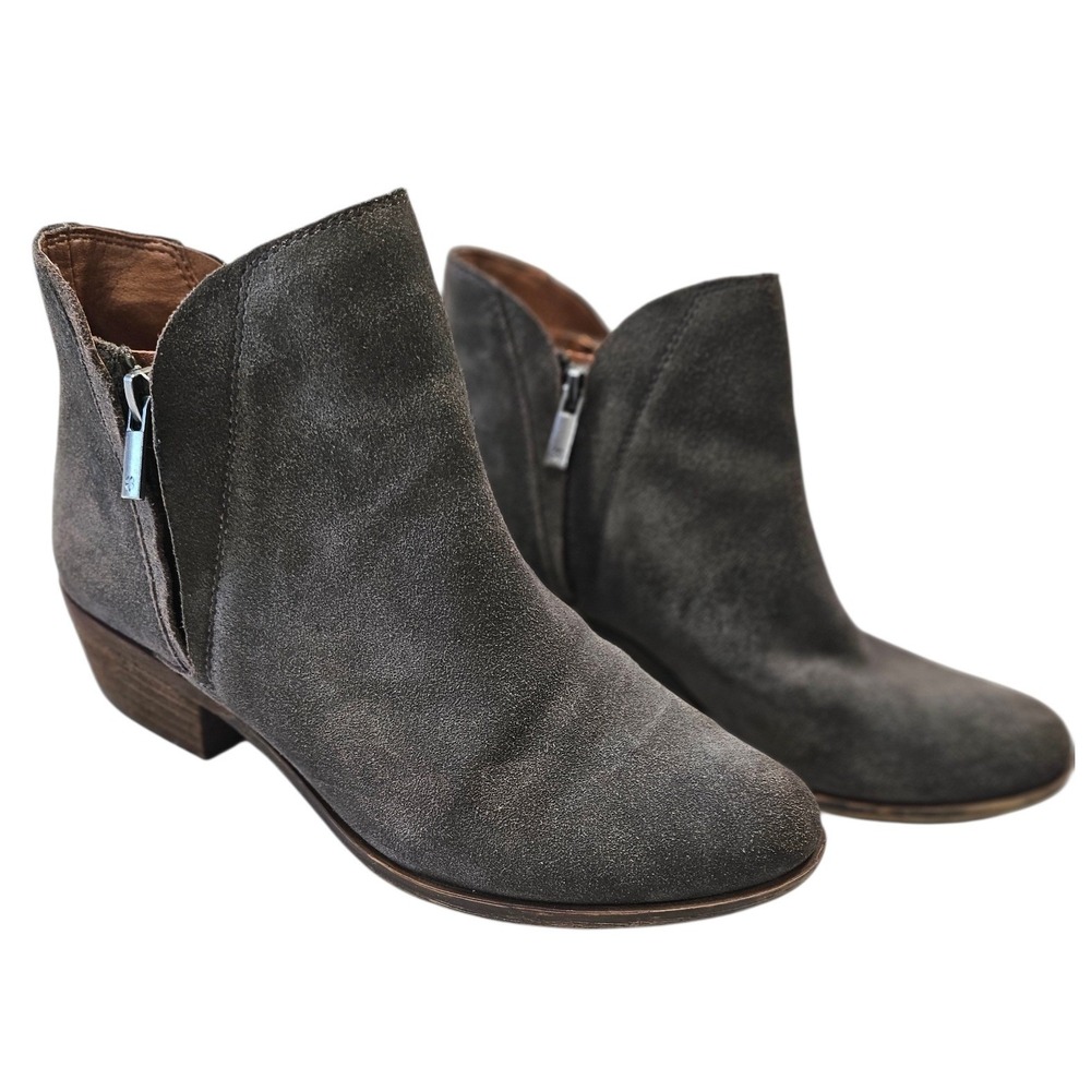 Lucky Brand Women Gray Suede Ankle Booties Side Zip Stacked Heel Size 8.5